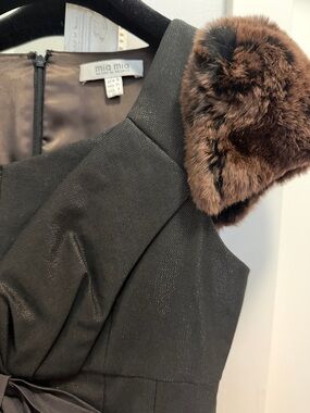 Black Dress with Brown Real Fur Collar